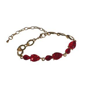 Gold Tone Chain Bracelet Red Teardrop Gemstones Lobster Clasp Adjustable Jewelry